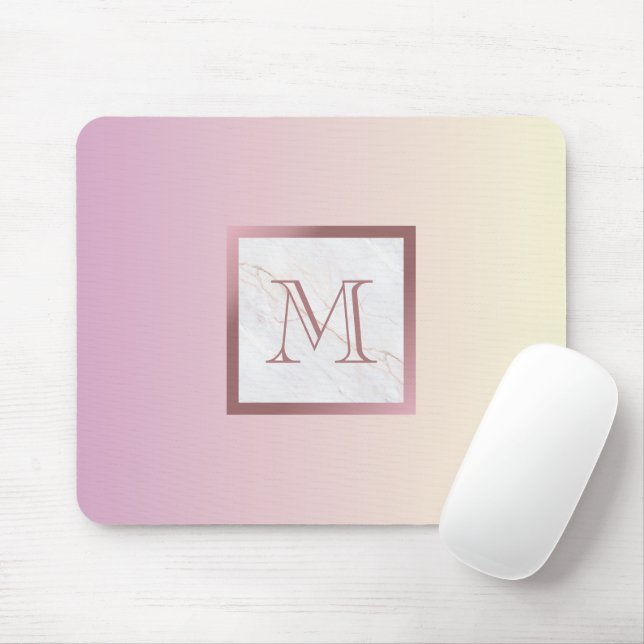 Rose Gold Monogram Marble Pink Gradient Mouse Pad (With Mouse)