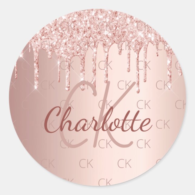 Rose gold monogram name drips  classic round sticker (Front)