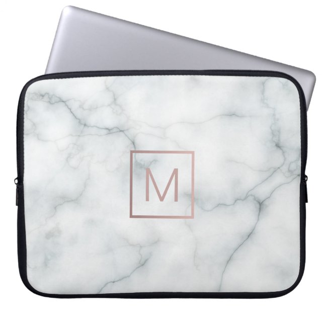 rose gold monogram on marble laptop sleeve (Front)