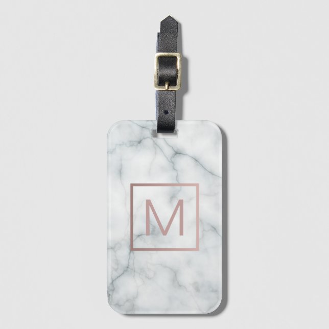 rose gold monogram on white stone luggage tag (Front Vertical)