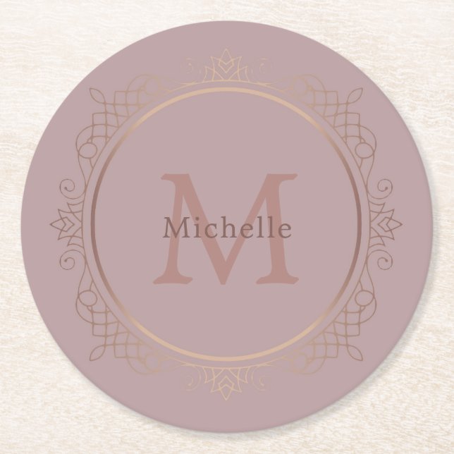 Rose Gold Monogram Personalized Elegant Template Round Paper Coaster (Front)