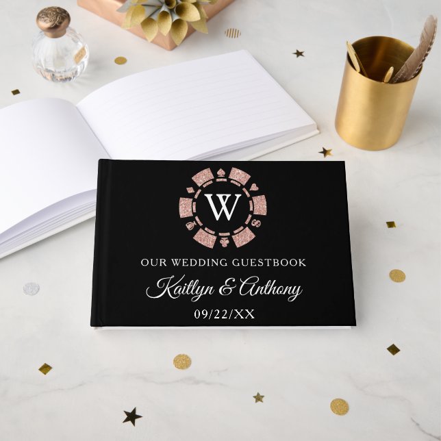 Rose Gold Monogram Poker Chip Casino Wedding Guest Book (Front Open)