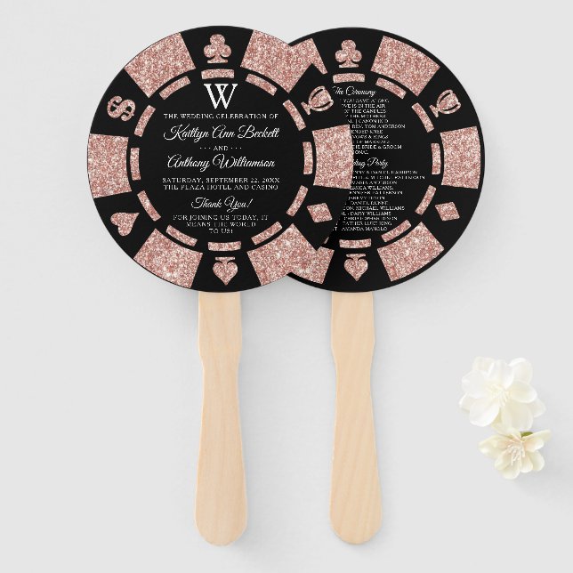 Rose Gold Monogram Poker Chip Casino Wedding Hand Fan (Front and Back)