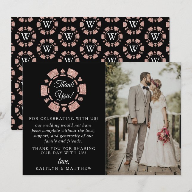 Rose Gold Monogram Poker Chip Casino Wedding Thank You Card (Front/Back)