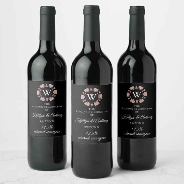 Rose Gold Monogram Poker Chip Casino Wedding Wine Label (Bottles)
