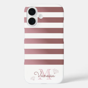 Rose Gold Monogram Stripes with Geometric Diamonds iPhone 16 Case