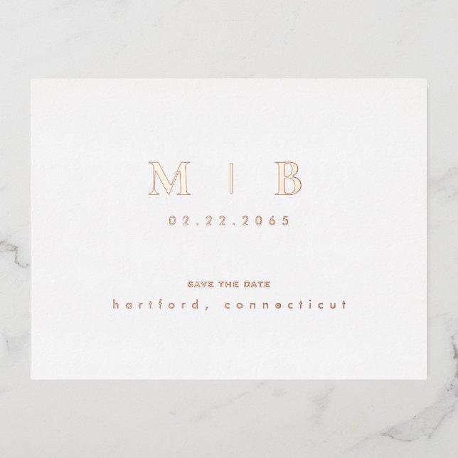 Rose Gold Monogram Wedding Save the Date Foil Invitation Postcard (Front)