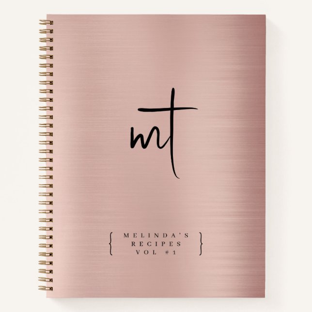 Rose Gold Monogrammed Initials Script Recipe  Notebook (Front)