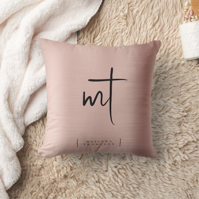 Rose Gold Monogrammed Initials Script Typography  Throw Pillow (Blanket)