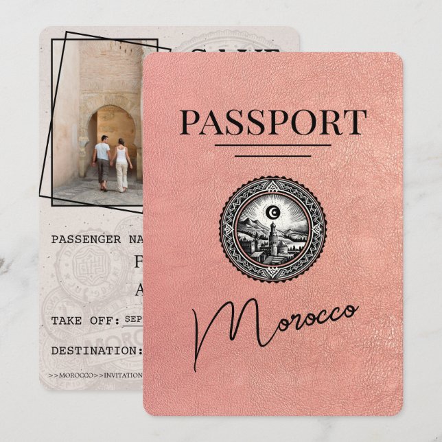 Rose Gold Morocco Passport Save The Date (Front/Back)