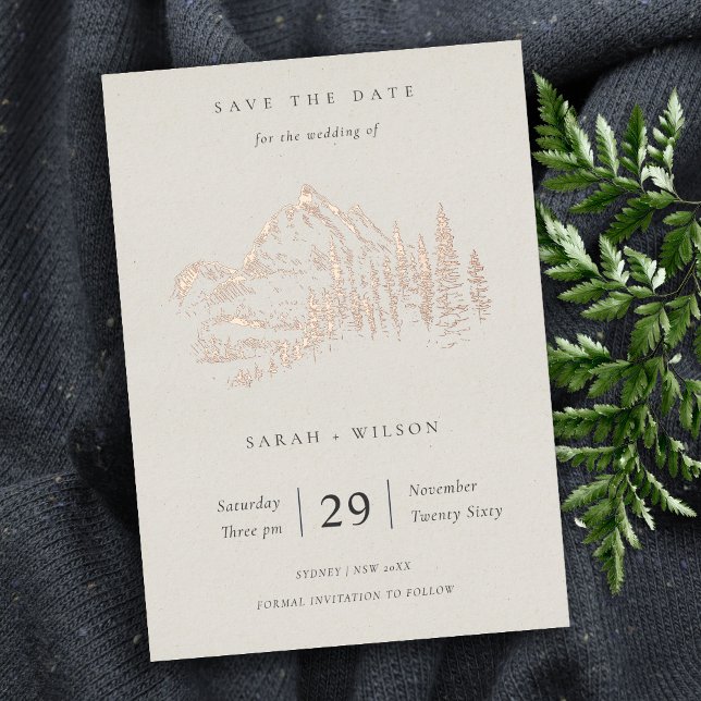 Rose Gold Mountain Pine Sketch Save The Date (Creator Uploaded)