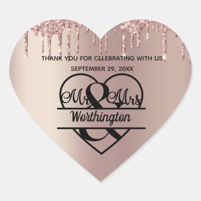 Rose Gold Mr. and Mrs. Heart Wedding Favours  Heart Sticker (Front)