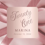 Rose gold name script 21st birthday square sticker<br><div class="desc">Rose gold gradient background. Fifty written with a dark rose gold script.  Personalize and add a name and date.</div>