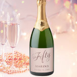 Rose gold name script 50th birthday<br><div class="desc">Rose gold gradient background. Fifty written with a dark rose gold script. Personalize and add a name and date.</div>