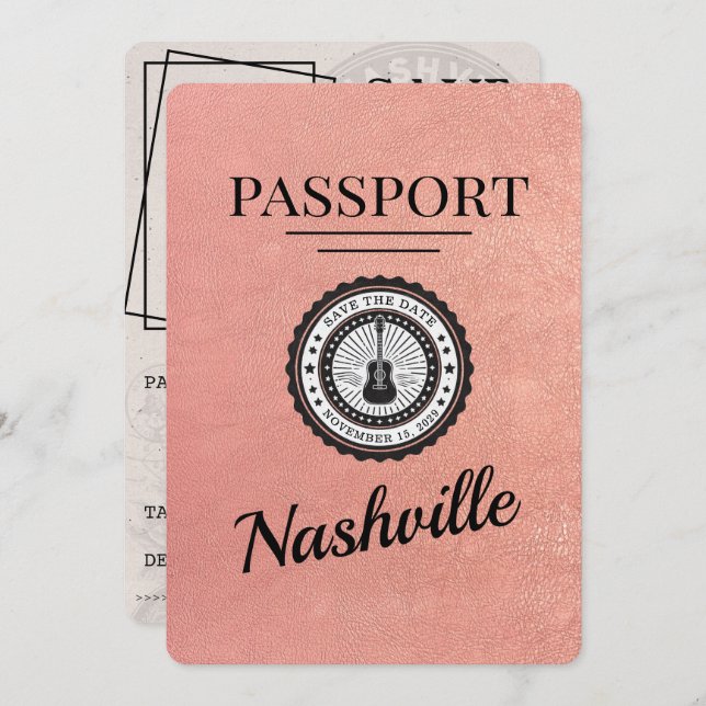 Rose Gold Nashville Passport Save The Date (Front/Back)