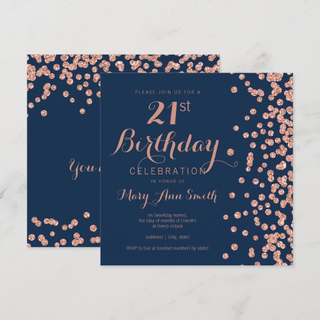 Rose Gold Navy 21st Birthday Glitter Confetti Invitation (Front/Back)