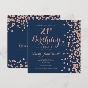 Rose Gold Navy 21st Birthday Glitter Confetti Invitation