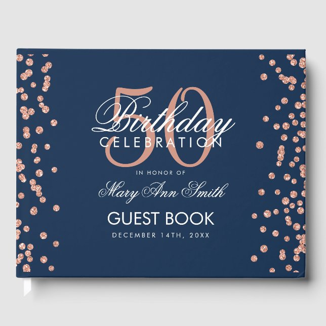 Rose Gold Navy 50th Birthday Party Confetti Guest Book (Front)
