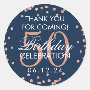 Rose Gold Navy 50th Birthday Thank You Confetti Classic Round Sticker