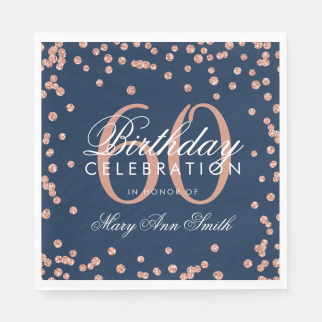 Rose Gold Navy 60th Birthday Glitter Confetti Napkin (Front)