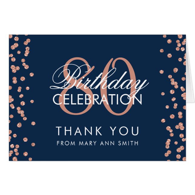Rose Gold Navy 80th Birthday Thank you Glitter (Front Horizontal)