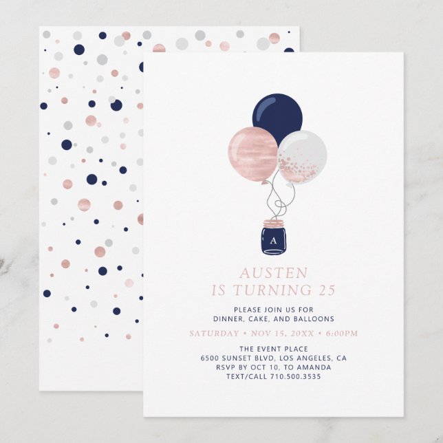 Rose Gold & Navy Balloons Modern Birthday Party Invitation (Front/Back)