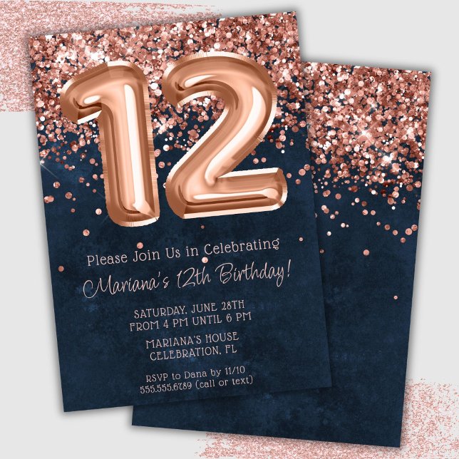 Rose Gold Navy Blue 12th Birthday Party Invitation (Creator Uploaded)