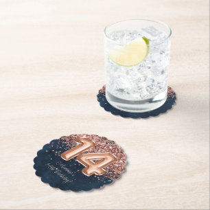 Rose Gold Navy Blue 14th Birthday Party Paper Coaster