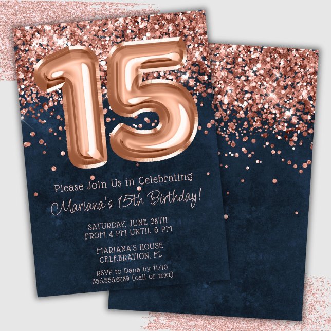 Rose Gold Navy Blue 15th Birthday Party Invitation (Creator Uploaded)