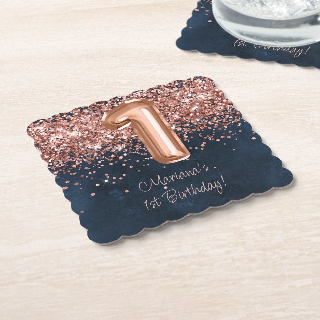  Rose Gold Navy Blue 1st Birthday Party Paper Coaster (Angled)