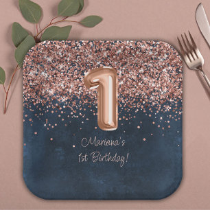 Rose Gold Navy Blue 1st Birthday Party Paper Plate