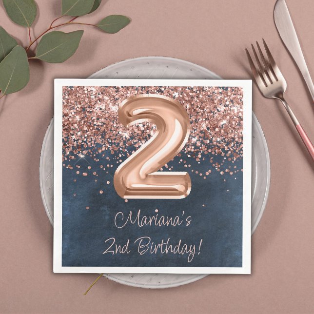  Rose Gold Navy Blue 2nd Birthday Party Napkin (Creator Uploaded)