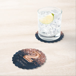 Rose Gold Navy Blue 2nd Birthday Party Paper Coaster