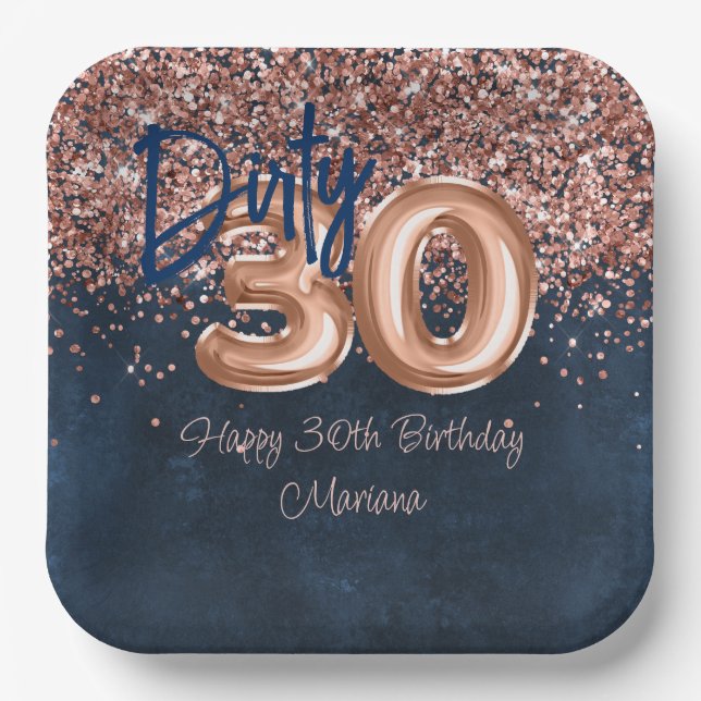Rose Gold Navy Blue 30th Birthday Party Paper Plate (Front)