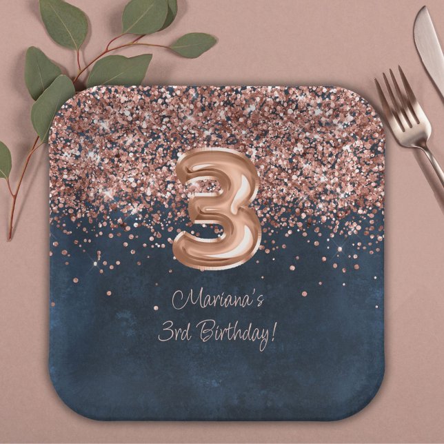 Rose Gold Navy Blue 3rd Birthday Party Paper Plate (Creator Uploaded)