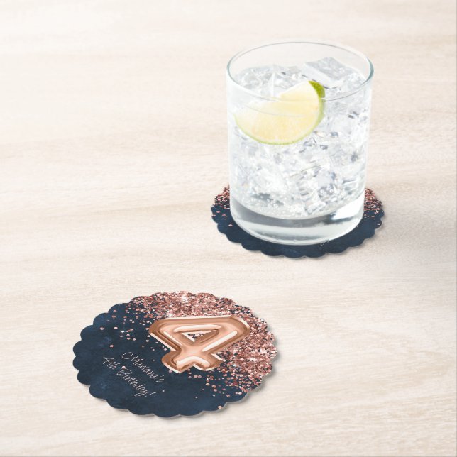  Rose Gold Navy Blue 4th Birthday Party Paper Coaster (Insitu)