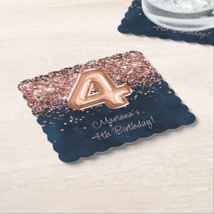 Rose Gold Navy Blue 4th Birthday Party Paper Coaster