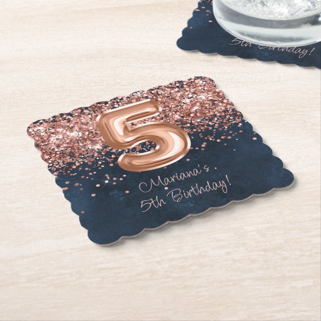  Rose Gold Navy Blue 5th Birthday Party Paper Coaster (Angled)