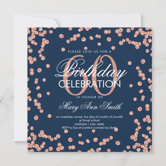 Rose Gold Navy Blue 60th Birthday Glitter Confetti Invitation (Front)