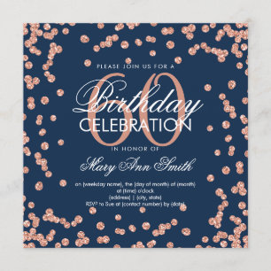 Rose Gold Navy Blue 60th Birthday Glitter Confetti Invitation