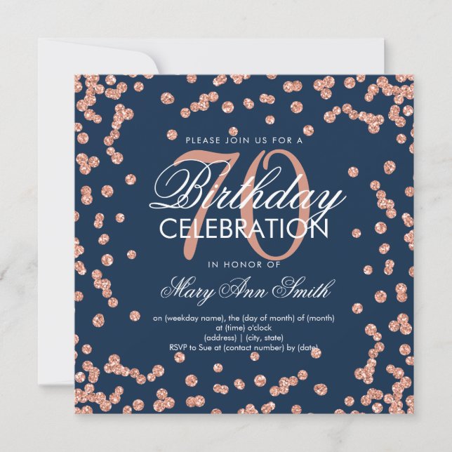 Rose Gold Navy Blue 70th Birthday Glitter Confetti Invitation (Front)