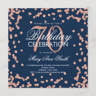 Rose Gold Navy Blue 70th Birthday Glitter Confetti Invitation