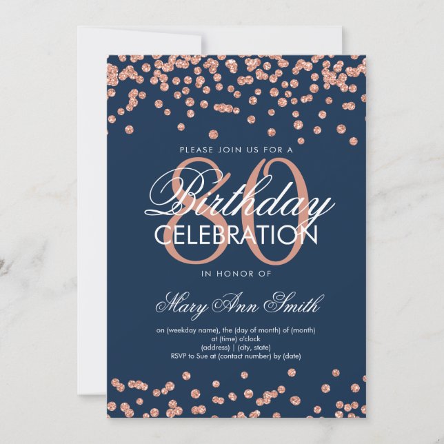 Rose Gold Navy Blue 80th Birthday Glitter Confetti Invitation (Front)
