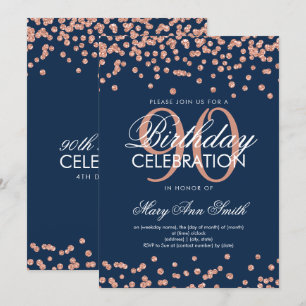 Rose Gold Navy Blue 90th Birthday Glitter Confetti Invitation
