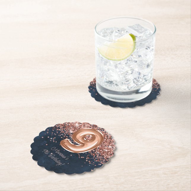  Rose Gold Navy Blue 9th Birthday Party Paper Coaster (Insitu)