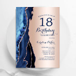 Rose Gold Navy Blue Agate 18th Birthday Invitation<br><div class="desc">Navy blue and rose gold agate 18th birthday party invitation. Elegant modern design featuring royal blue watercolor agate marble geode background,  faux glitter rose gold and typography script font. Trendy invite card perfect for a stylish women's bday celebration. Printed Zazzle invitations or instant download digital printable template.</div>