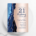 Rose Gold Navy Blue Agate 21st  Birthday Invitation<br><div class="desc">Navy blue and rose gold agate 21st birthday party invitation. Elegant modern design featuring royal blue watercolor agate marble geode background,  faux glitter rose gold and typography script font. Trendy invite card perfect for a stylish women's bday celebration. Printed Zazzle invitations or instant download digital printable template.</div>