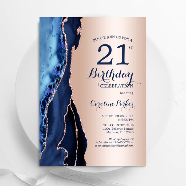 Rose Gold Navy Blue Agate 21st  Birthday Invitation (Creator Uploaded)