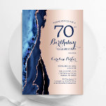 Rose Gold Navy Blue Agate 70th Birthday Invitation<br><div class="desc">Navy blue and rose gold agate 70th birthday party invitation. Elegant modern design featuring royal blue watercolor agate marble geode background,  faux glitter rose gold and typography script font. Trendy invite card perfect for a stylish women's bday celebration. Printed Zazzle invitations or instant download digital printable template.</div>