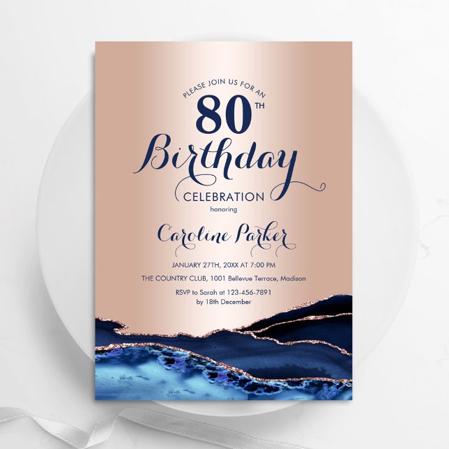 Rose Gold Navy Blue Agate Marble 80th Birthday Invitation (Creator Uploaded)